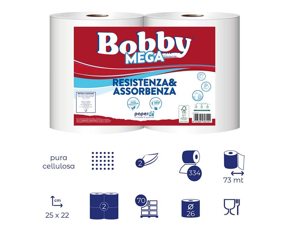 Coppia rotoli Bobby mega carta assorbente 2 veli pura cellulosa