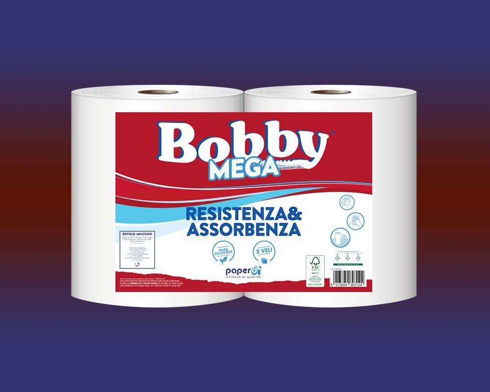 Coppia rotoli Bobby mega carta pura cellulosa assorbente 2 veli