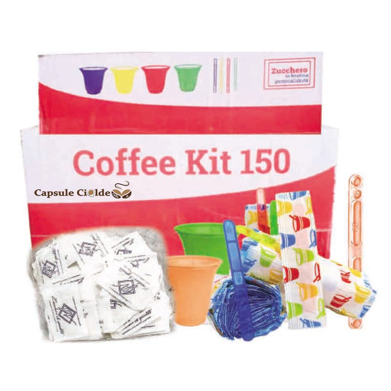 kit accessori caffè composta da 150 bicchierini, palette e zucchero